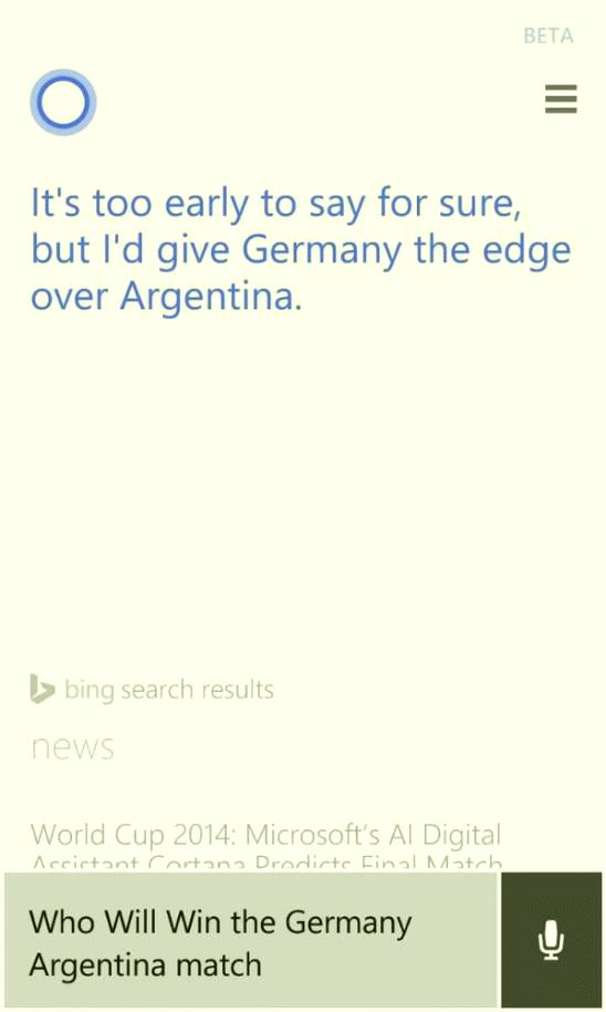 «Германия – чемпион мира по футболу 2014» - предугадывание Cortana