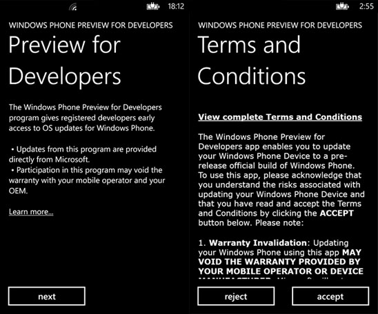 Скачать Preview for Developers или обновление Windows Phone